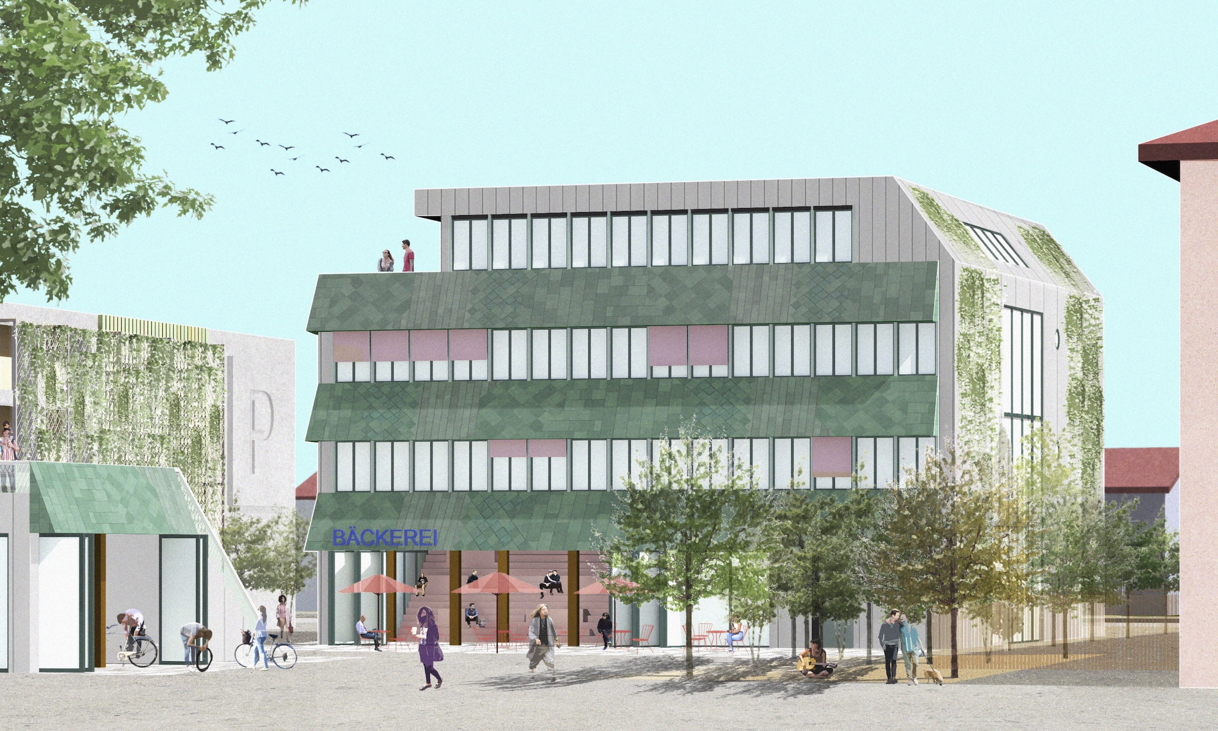 Architektonisches Rendering zum Realisationswettbewerb für das ReUse-Projekt SPIN in Mannheim. Modernes nachhaltiges Gebäude im urbanen Quartier Mannheim mit grüner Fassade, großen Fenstern und Bäckerei im Erdgeschoss, Menschen und Fahrradfahrern im belebten öffentlichen Raum vor dem Haus. Architectural rendering for the project competition ReUse SPIN in Mannheim. Modern, sustainable building in the urban district of Mannheim with a green facade, large windows and a bakery on the ground floor, people and cyclists in the lively public space in front of the building.