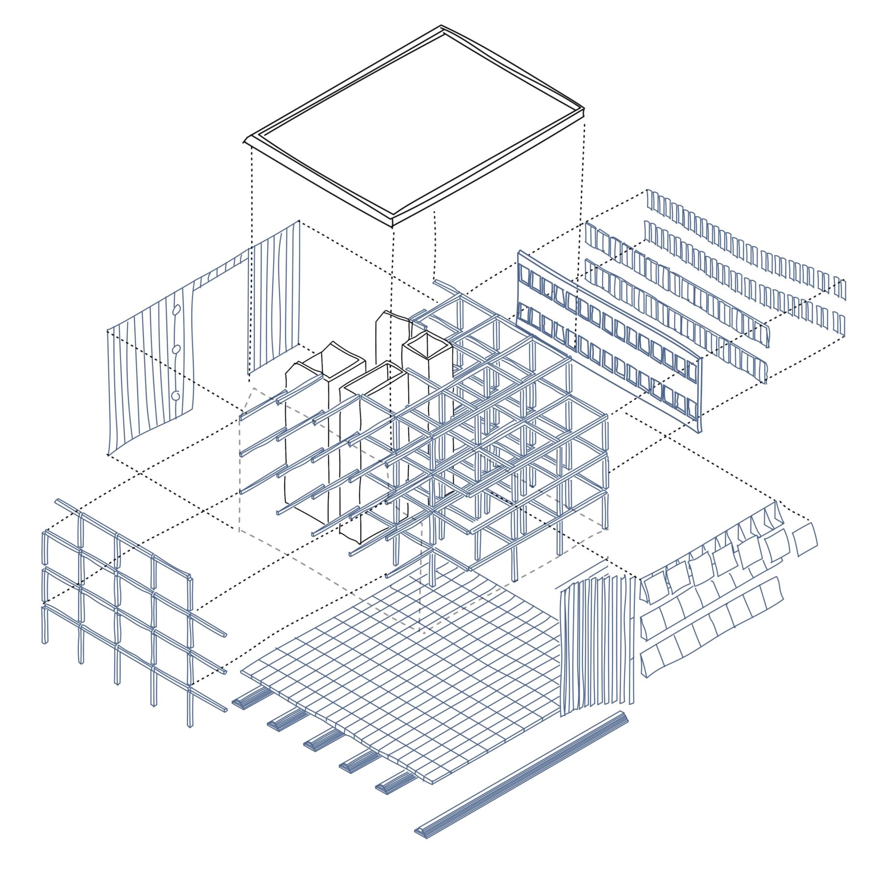 Isometrische Explosionszeichnung der modularen Gebäudekomponenten des SPIN-Mannheim-Projekts, zeigt zerlegte Struktur mit Stahlrahmenkonstruktion, Dachfläche, vertikalen Fassadenelementen, horizontalen Deckenstrukturen und Fundament, technische Architektur-Darstellung zur Veranschaulichung des nachhaltigen Bausystems. Isometric exploded view of the modular building components of the SPIN Mannheim project, showing the dismantled structure with steel frame construction, roof area, vertical facade elements, horizontal ceiling structures and foundation, technical architectural representation to illustrate the sustainable building system.