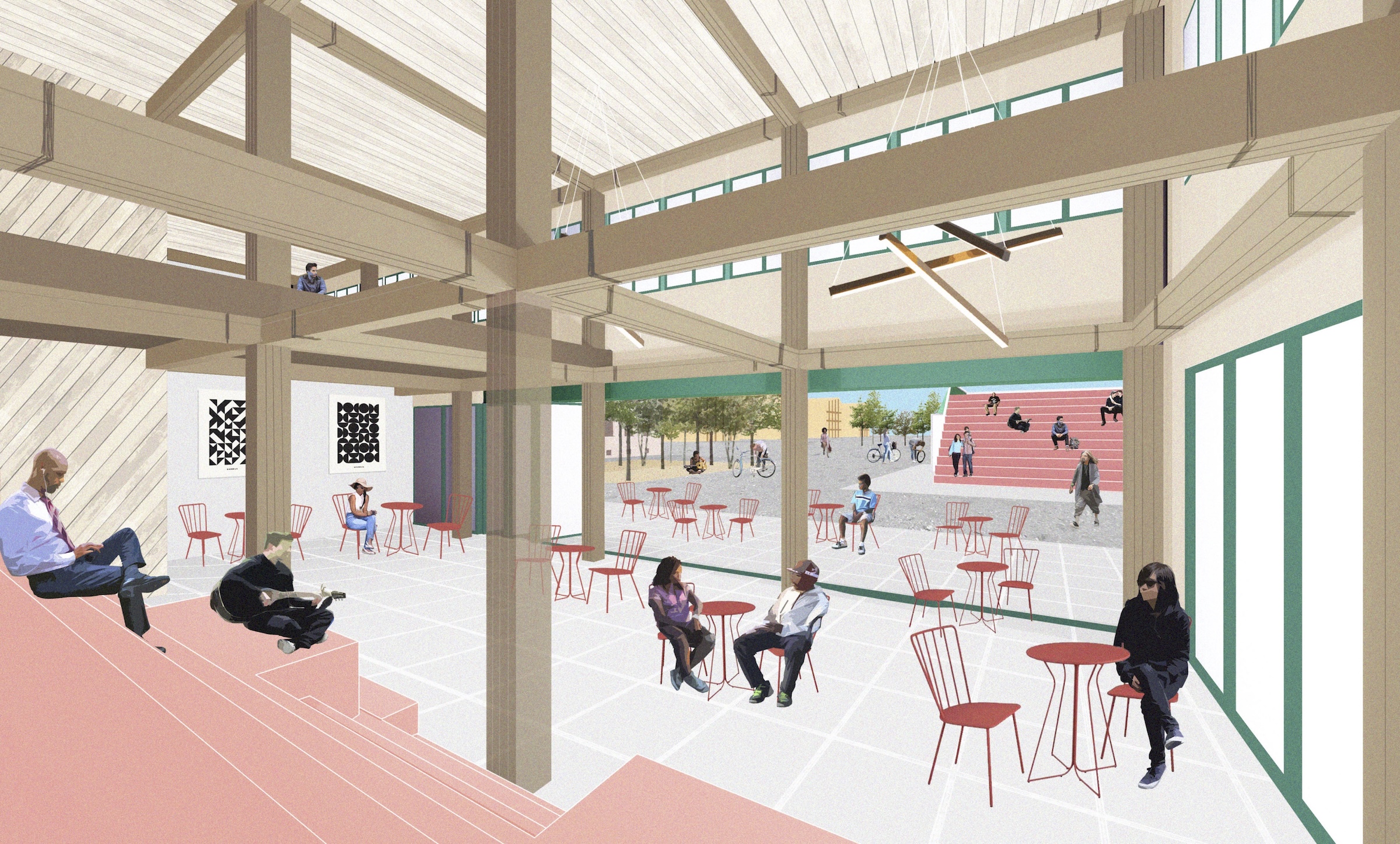 Deutsch: Moderner Innenraum des SPIN Entwurfs für den Realisierungswettbewerbs ReUse in Mannheim mit offener, demontierbarer und aus ReUse Materialien zusammengesetzter Holzbalkenkonstruktion, hellem und multifunktionalem Raum, Menschen sitzen an roten Stühlen bei Tischen, großzügige Fensteröffnungen mit Blick auf öffentlichen Außenplatz, nachhaltiges Interieur-Design mit flexiblem Nutzungskonzept. English: Modern interior of the SPIN design for the ReUse implementation competition in Mannheim with an open, removable wooden beam construction made of ReUse materials, a bright and multifunctional space, people sitting at tables on red chairs, large windows overlooking a public outdoor area, sustainable interior design with a flexible usage concept.