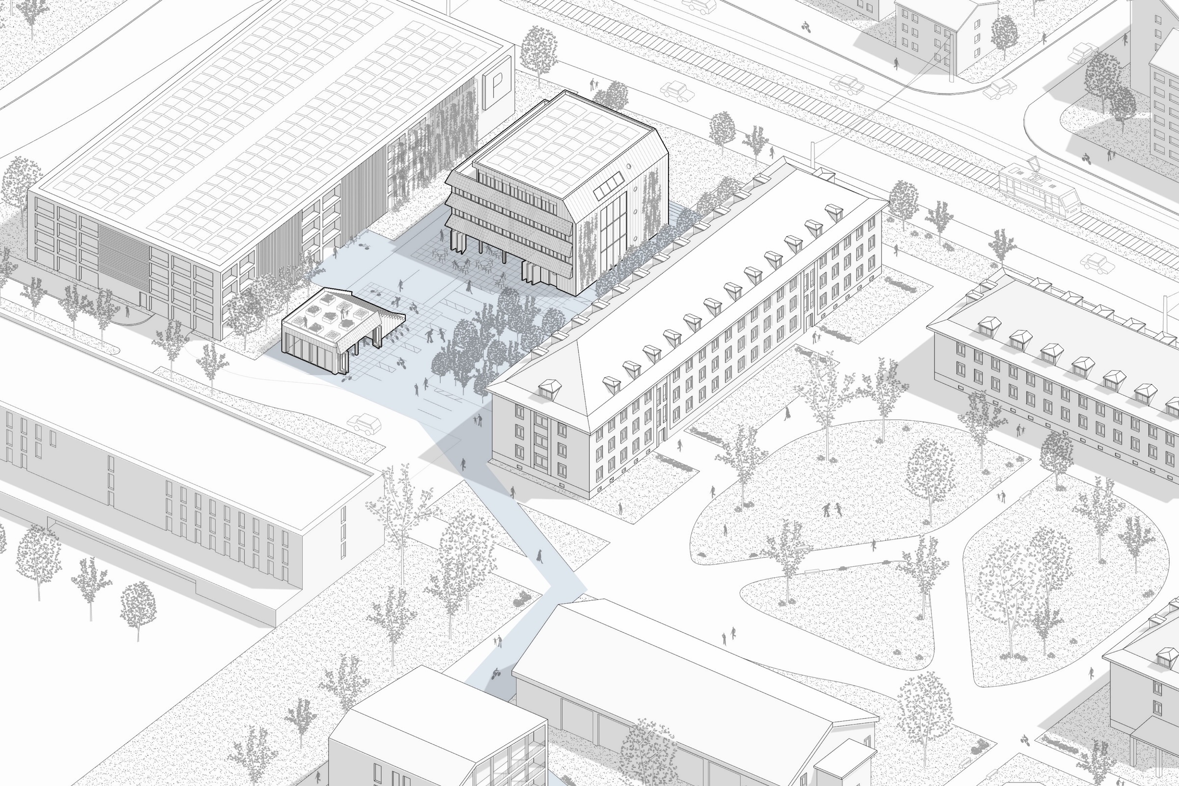 Deutsch: Der Entwurf SPIN für das Quartiersgebäude in Mannheim Spinelli wird aus der Vogelperspektive gezeigt. Es steht zwischen Bestandsgebäuden. Nördlich des Gebäudes verläuft eine Straßenbahnstrecke, südlich befindet sich ein Platz mit Menschen und einem kleinen Gebäude, dass als zusätzlicher Gemeinschaftsraum für eine Fahrradwerkstatt oder Ähnliches genutzt werden kann. Das Bild ist eine isometrische Architekturzeichnung mit minimalistischem, technischen Illustrationsstil mit schwarzen Linien auf weißem Untergrund. Die Wege zum und um das Gebäude werden in Hellblau hervorgehoben. English: The SPIN design for the neighbourhood building in Mannheim Spinelli is shown from a bird's eye view. It stands between existing buildings. A tram line runs north of the building, while to the south there is a square with people and a small building that can be used as an additional communal space for a bicycle repair shop or similar. The image is an isometric architectural drawing with a minimalist, technical illustration style featuring black lines on a white background. The paths to and around the building are highlighted in light blue.