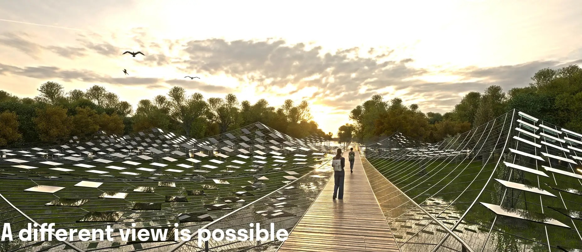 Deutsch: A-GRID Agrivoltaiks-Projekt mit einem erhöhten Skywalk, der über eine wellenförmige Photovoltaik-Tensostruktur führt, eingebettet in eine naturnahe Landschaft. English: A-GRID agrivoltaics project with an elevated skywalk crossing a wave-like photovoltaic tensile structure within a natural landscape.