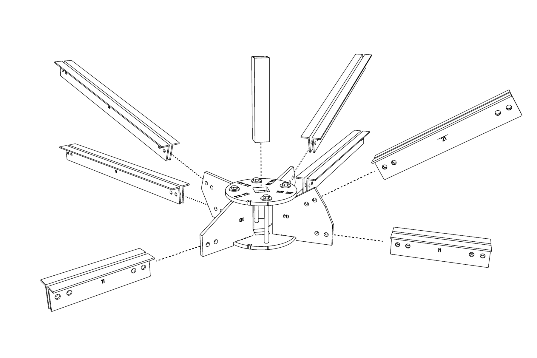 Deutsch: Isometrische Explosionszeichnung eines Knotens der Stahlkonstruktion für Komorebi. Dargestellt ist der geschlossene Knoten mit den anschließenden Profilen, deren Anschlussrichtung durch gestrichelte Linien veranschaulicht wird. Von oben wird zudem ein Vierkanthohlprofil eingesteckt. English: Isometric exploded view of a node in the steel structure for Komorebi. The closed node is shown with the connecting profiles, whose connection direction is illustrated by dotted lines. A square hollow profile is also inserted from above.
