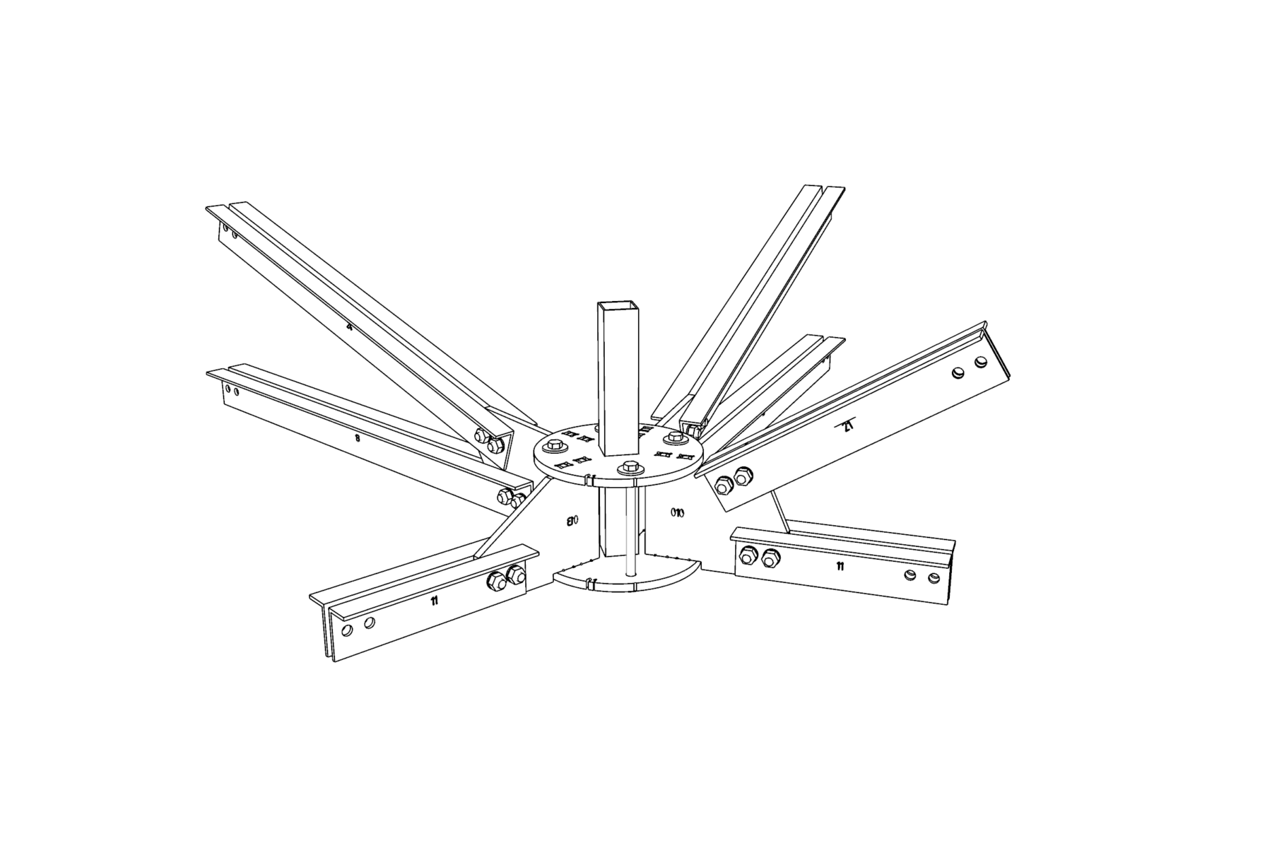 Deutsch: Isometrische Explosionszeichnung eines Knotens der Stahlkonstruktion für Komorebi. Dargestellt ist der geschlossene vollständige Knoten mit den anschließenden Profilen die durch Schrauben und Muttern fest mit dem Knoten angeschlossen werden. English: Isometric exploded view of a node in the steel structure for Komorebi. The illustration shows the closed complete node with the connecting profiles, which are firmly attached to the node with screws and nuts.